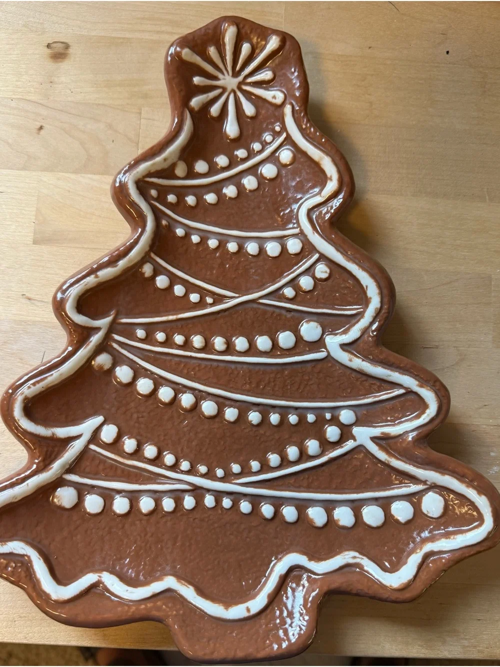 Pottery Barn Brown Ceramic Christmas Tree Platter with White Trim